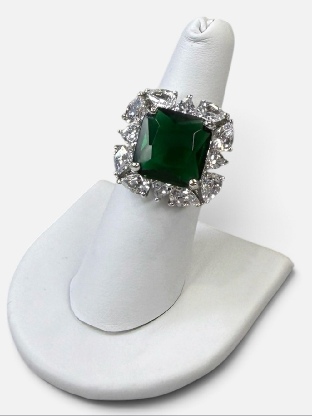 Emerald Green Square Clear Accents Cocktail Ring Created w/ Swarovski Crystal